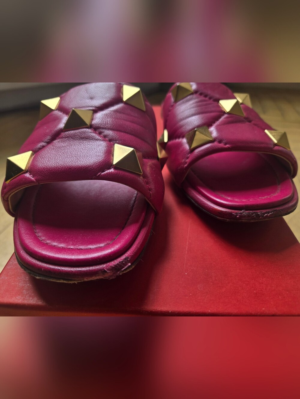 Valentino Pink Quilted Roman Stud Slide Sandals with Gold Pyramid Studs 38 - Picture 6 of 9